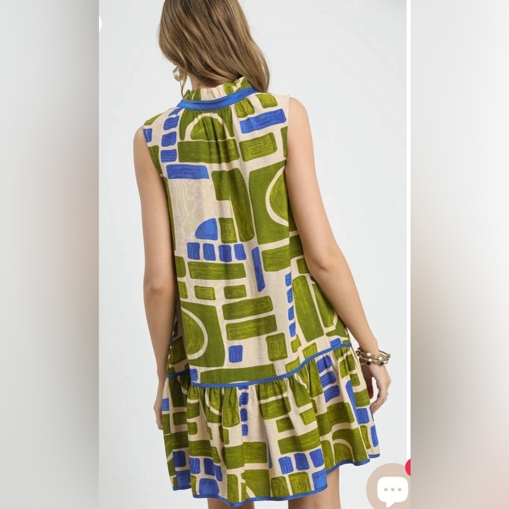 UMGEE BOHO GEOMETRIC PRINT SLEEVELESS
TIERED MINI DRESS GREEN BLUE SIZE M - Picture 7 of 12